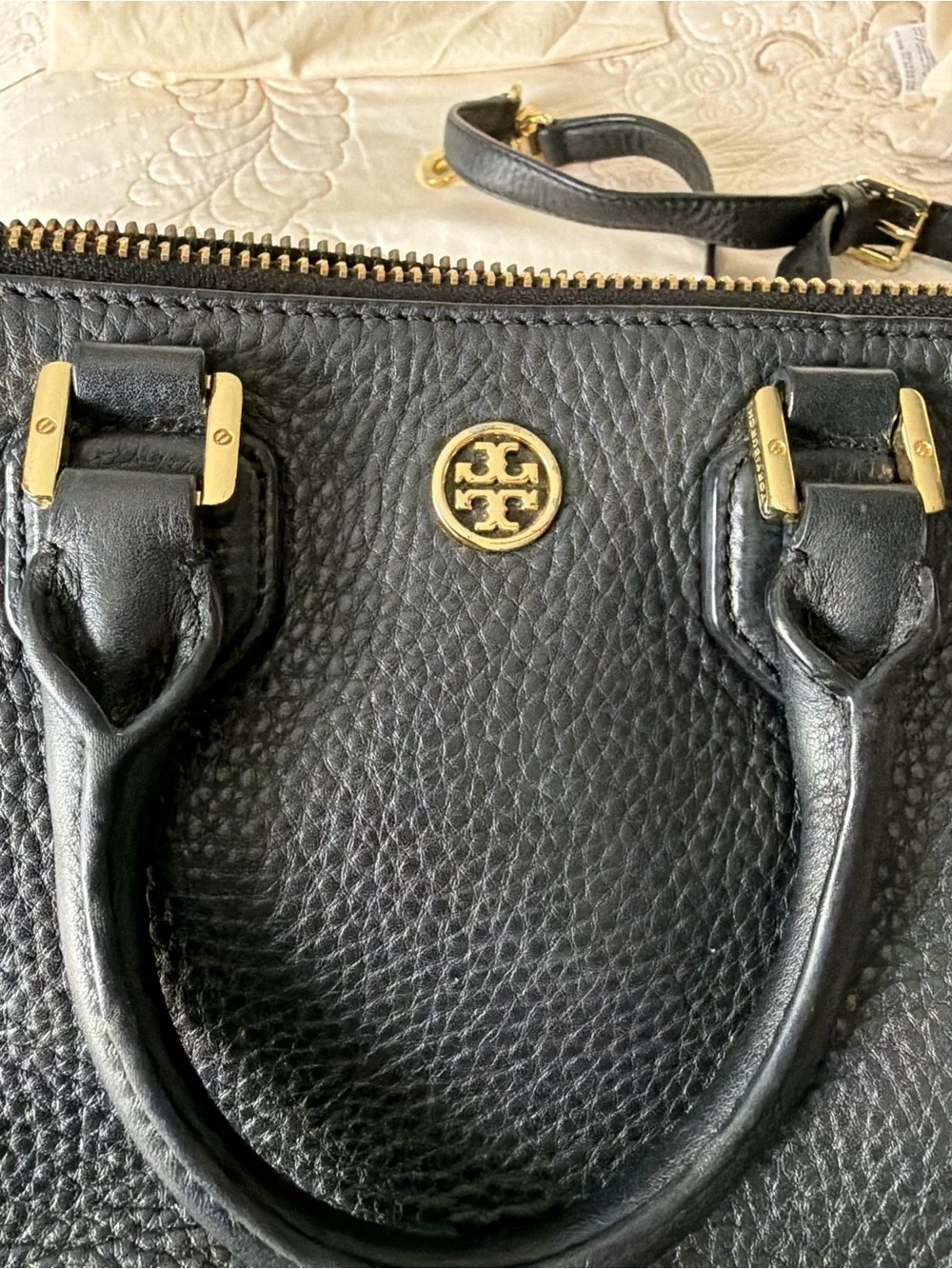 Tory Burch - Black Pebbled Leather Satchel with Gold Hardware - Picture 7 of 15